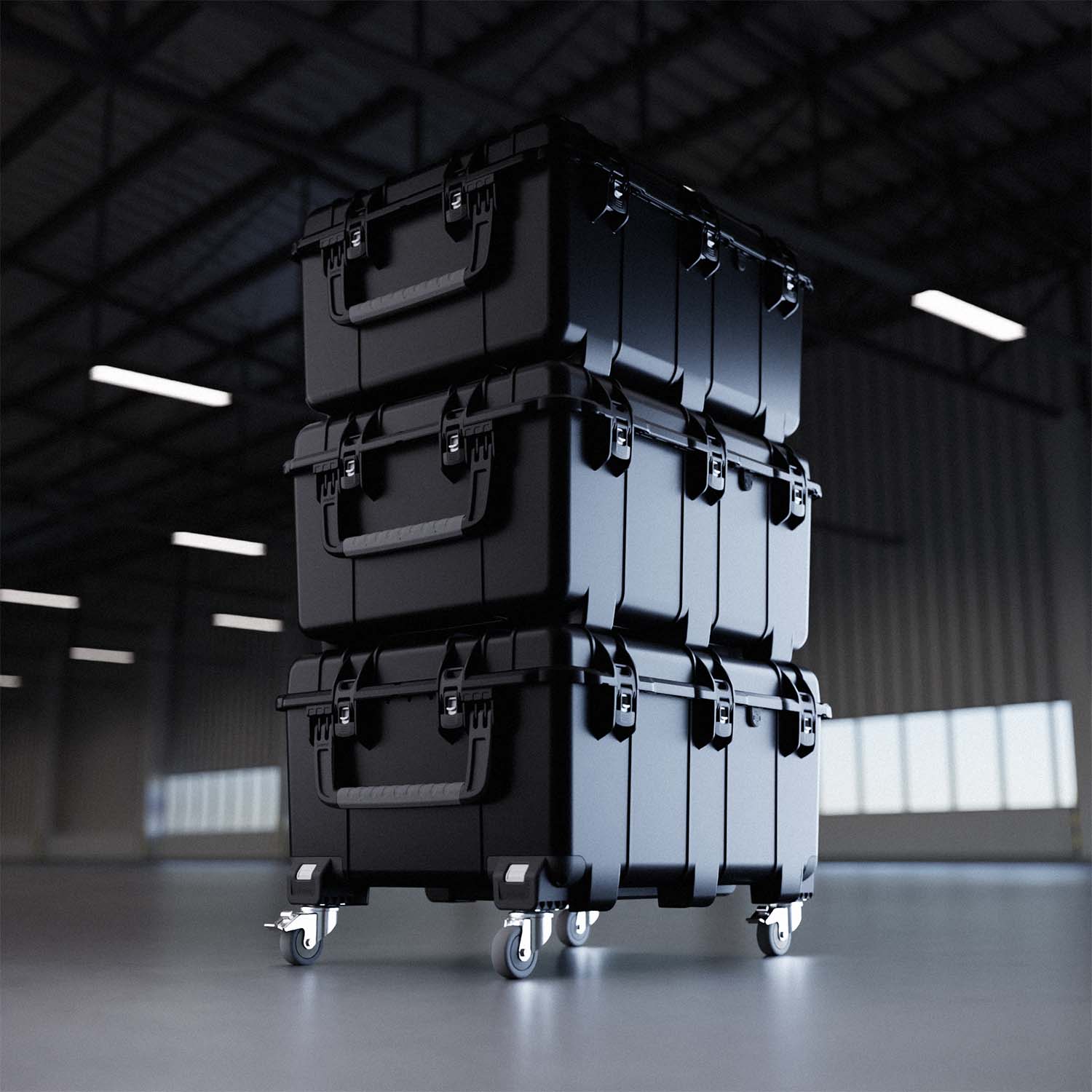 Vorführung des NANUK 976 Hard valise mit Lenkrollen in einer Lagerhalle