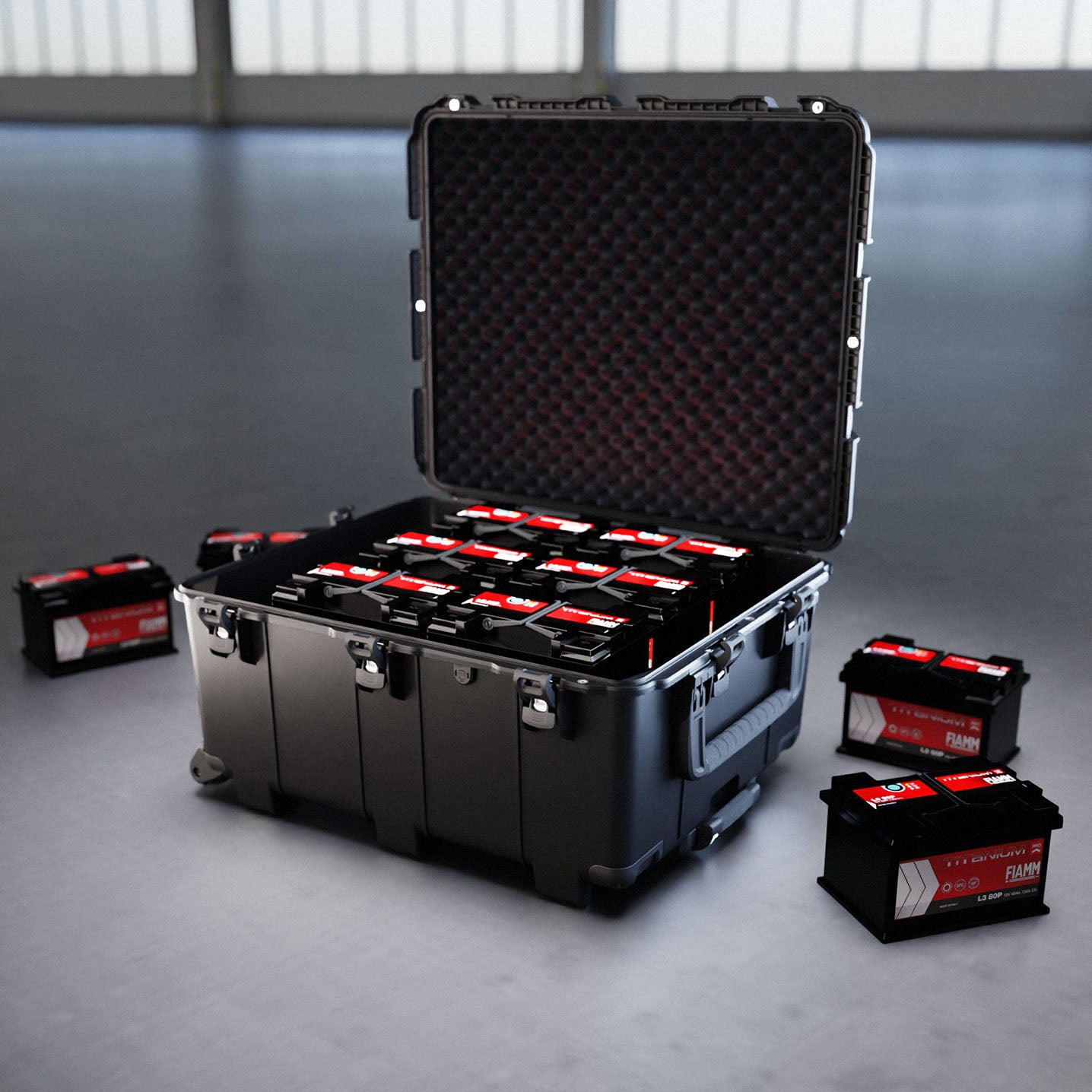 Der NANUK 976 Large Hard valise zeigt, dass er mehrere Autobatterien aufnehmen kann