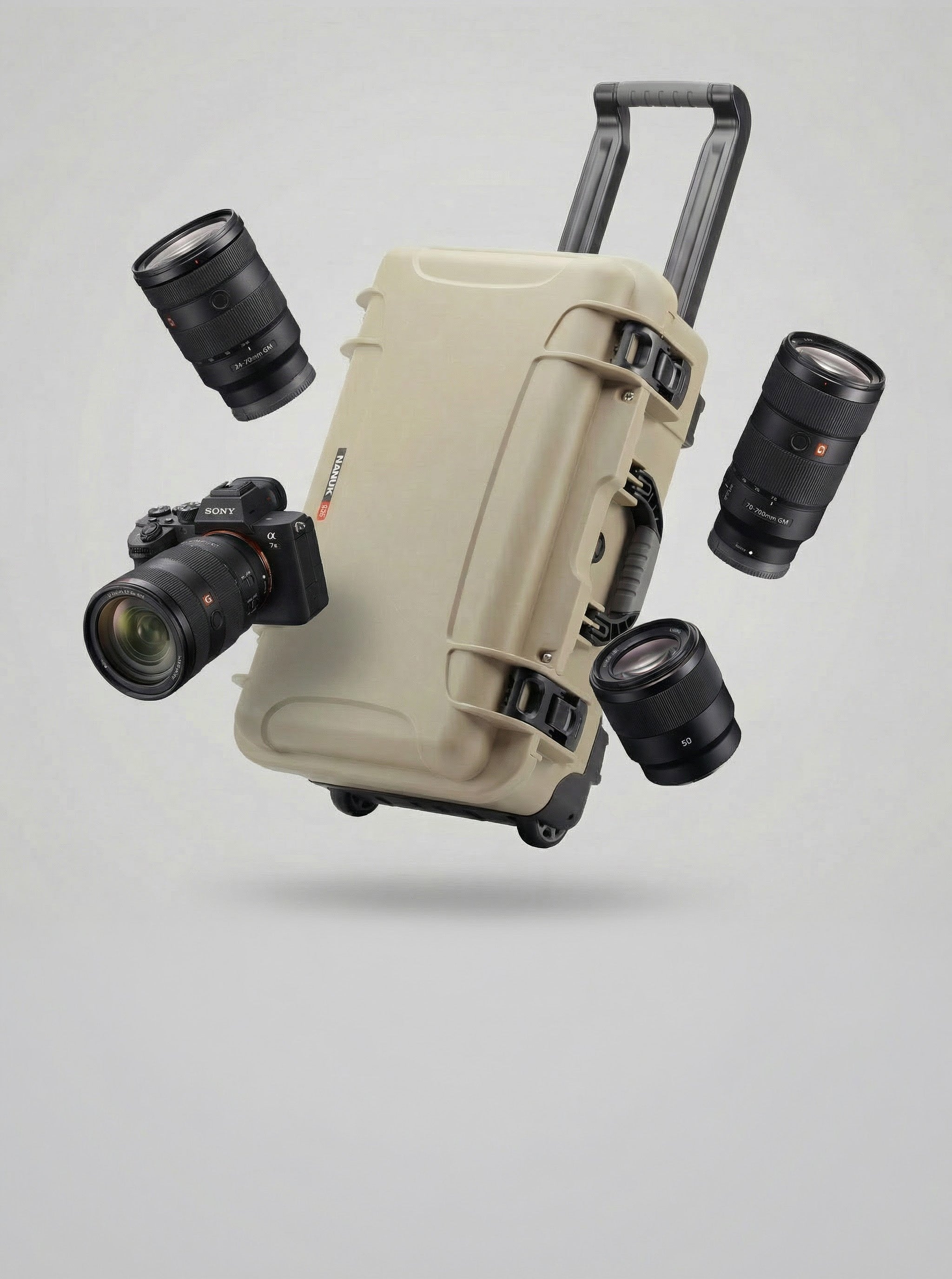 Een bruine Nanuk 935 best verkochte valise, een robuuste harde valise uitgeschoven telescoopgreep en zichtbare wielen, zweeft tegen een lichtgrijze achtergrond.