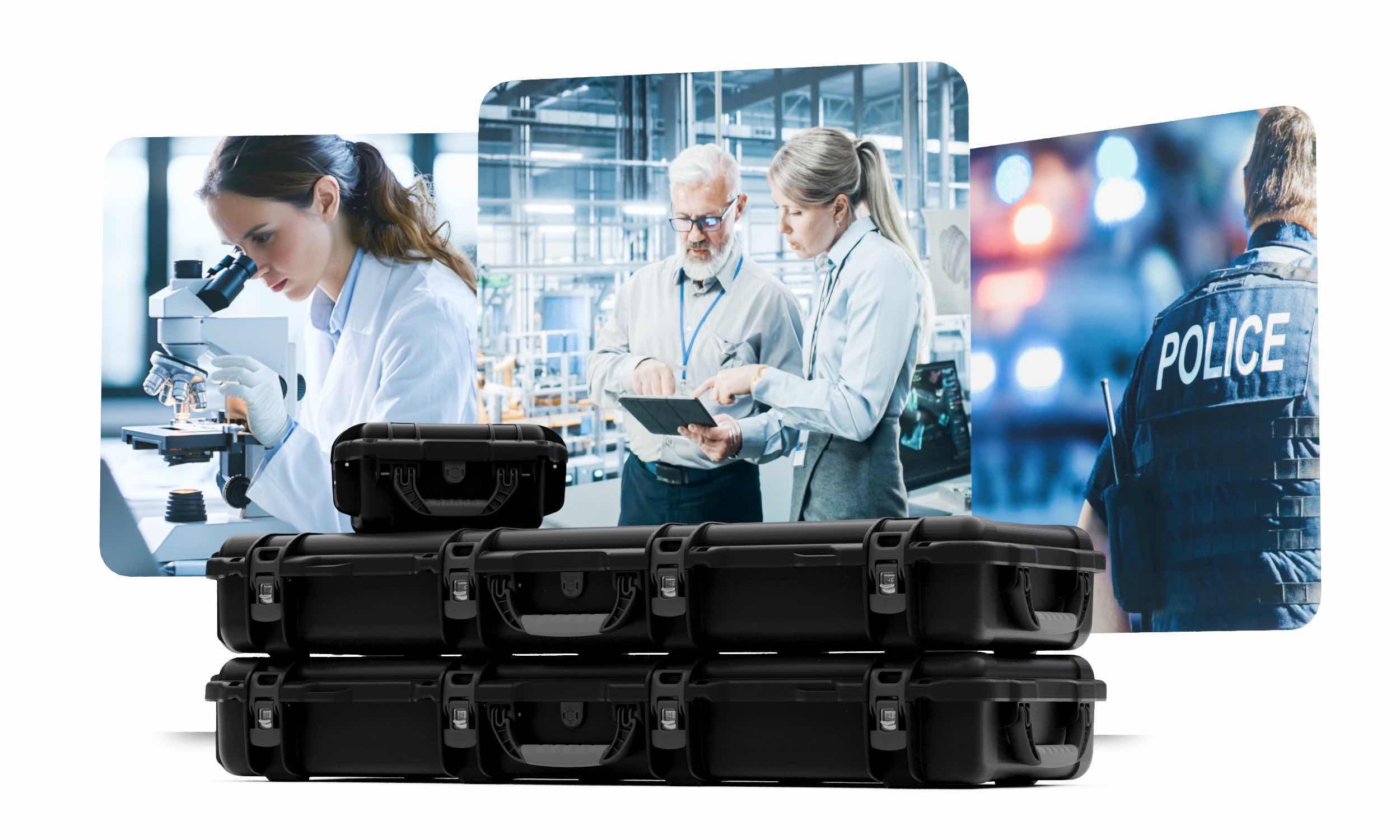Pile de valises noires NANUK avec des images de professionnels de la science, de l'industrie et de la police, présentant une protection polyvalente pour différents domaines.