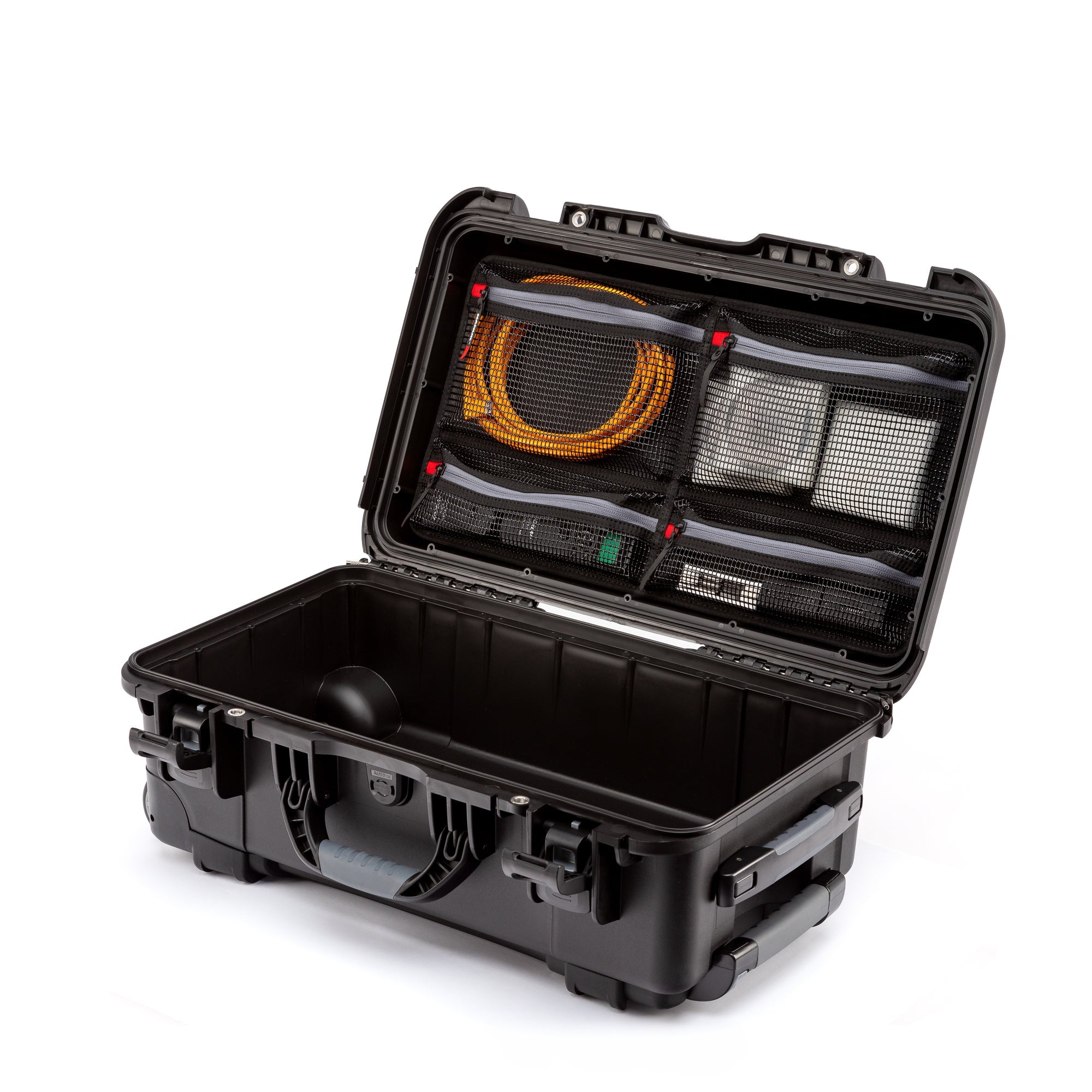NANUK 935 Mesh Lid Organizer with content inside a Nanuk 935 case angle view