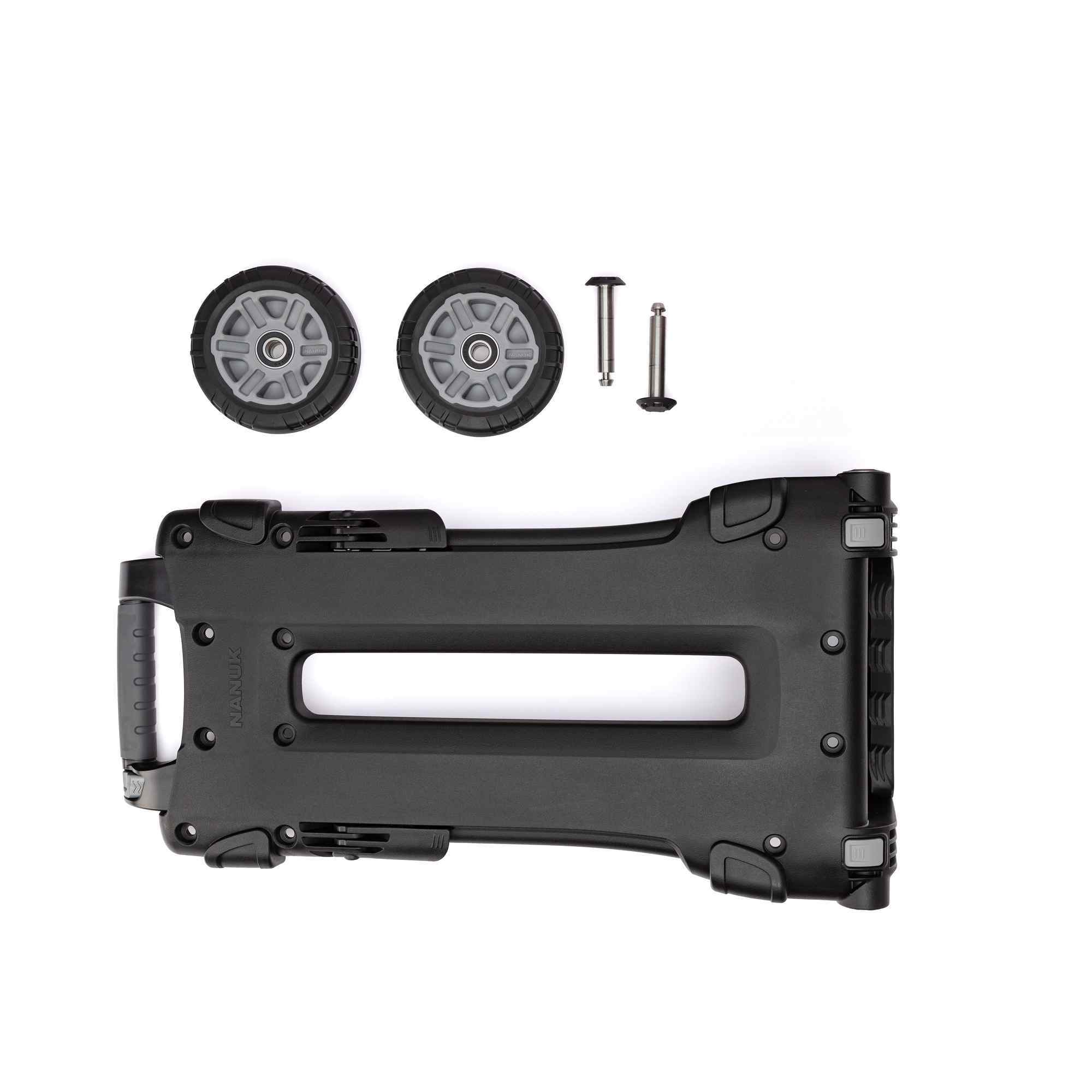 Black staple gun with two staple pins and two screws on a white background