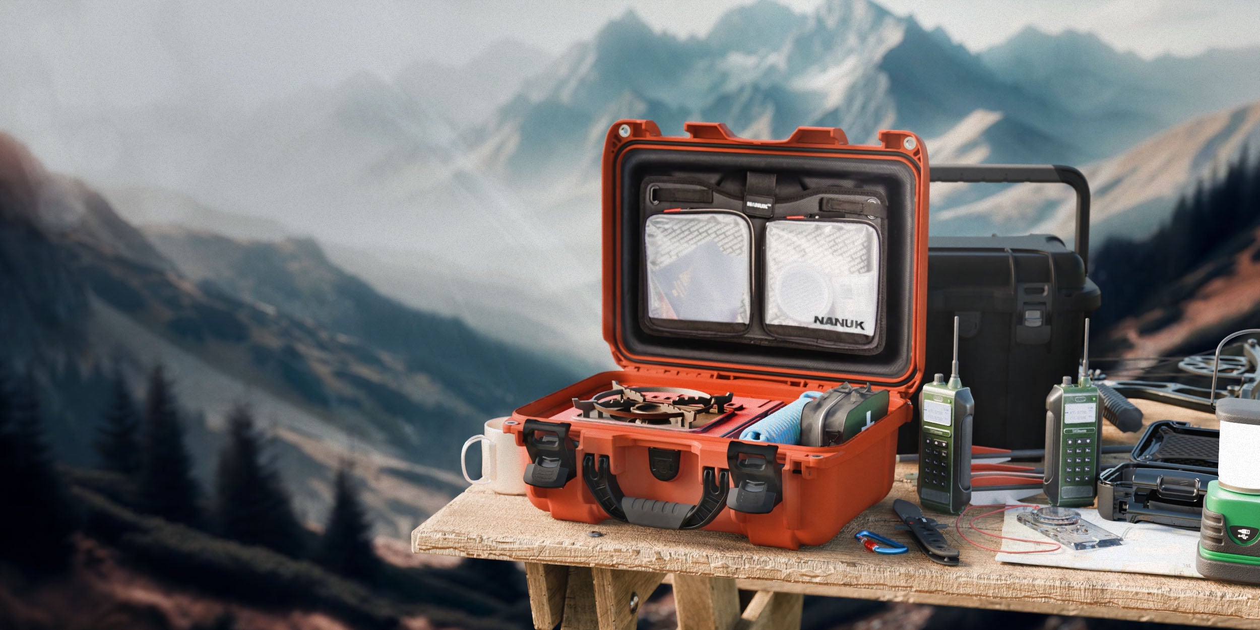 NANUK hard case on a wooden table with tools, set against a scenic mountain background, showcasing Father's Day special deals.