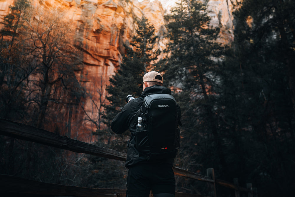 Person with a backpack standing in a forested area with a mountain in the background