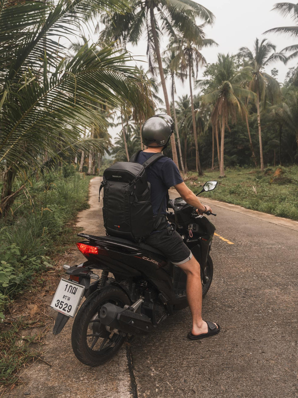 Person riding a motorcycle on a road with palm trees in the background