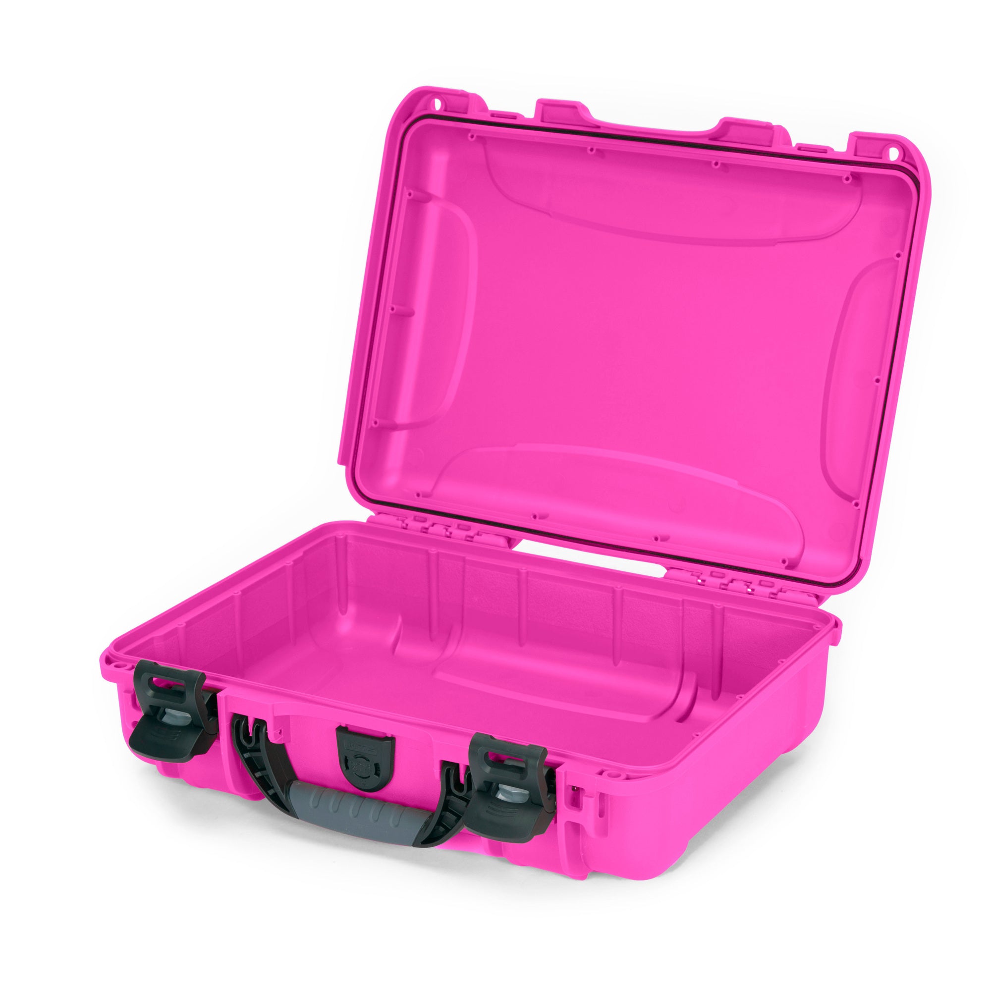 Side view of Nanuk 910 Pink opened and empty on a white background