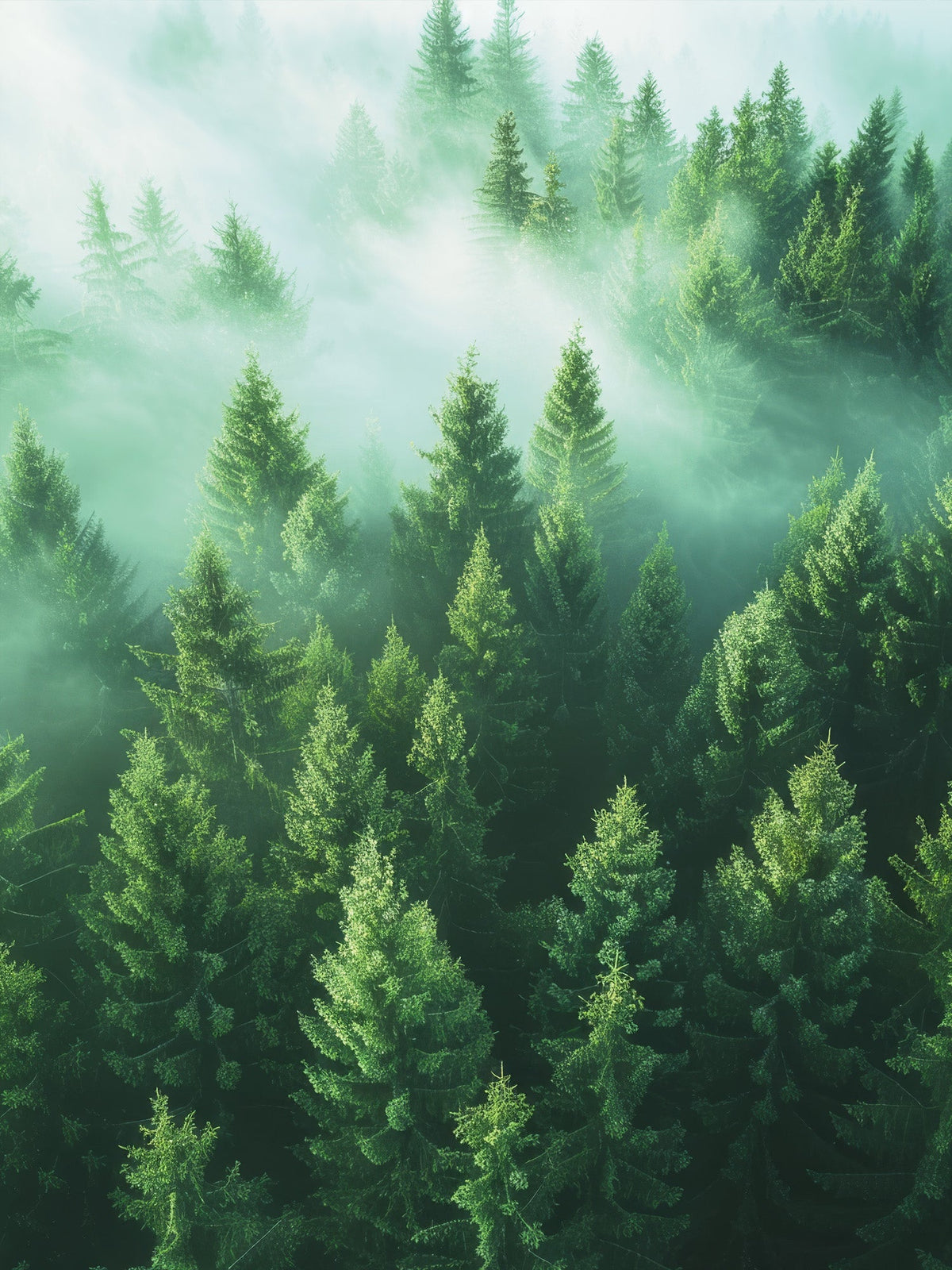 Ein dichter, immergrüner Wald im Nebel unterstreicht das Engagement von NANUK für Nachhaltigkeit.