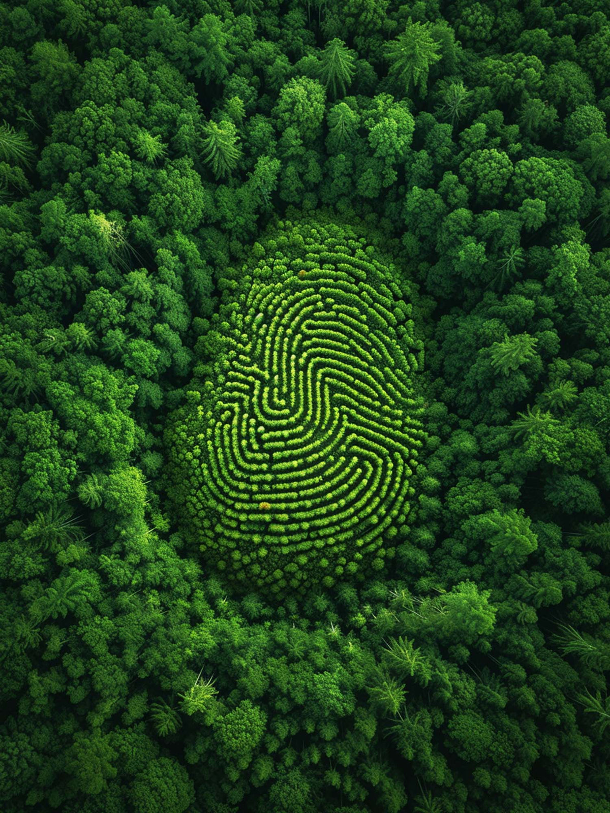 Luftaufnahme eines grünen Waldes mit einer Lichtung in Form eines Fingerabdrucks, die NANUKs einzigartigen Ansatz in Sachen Nachhaltigkeit symbolisiert.