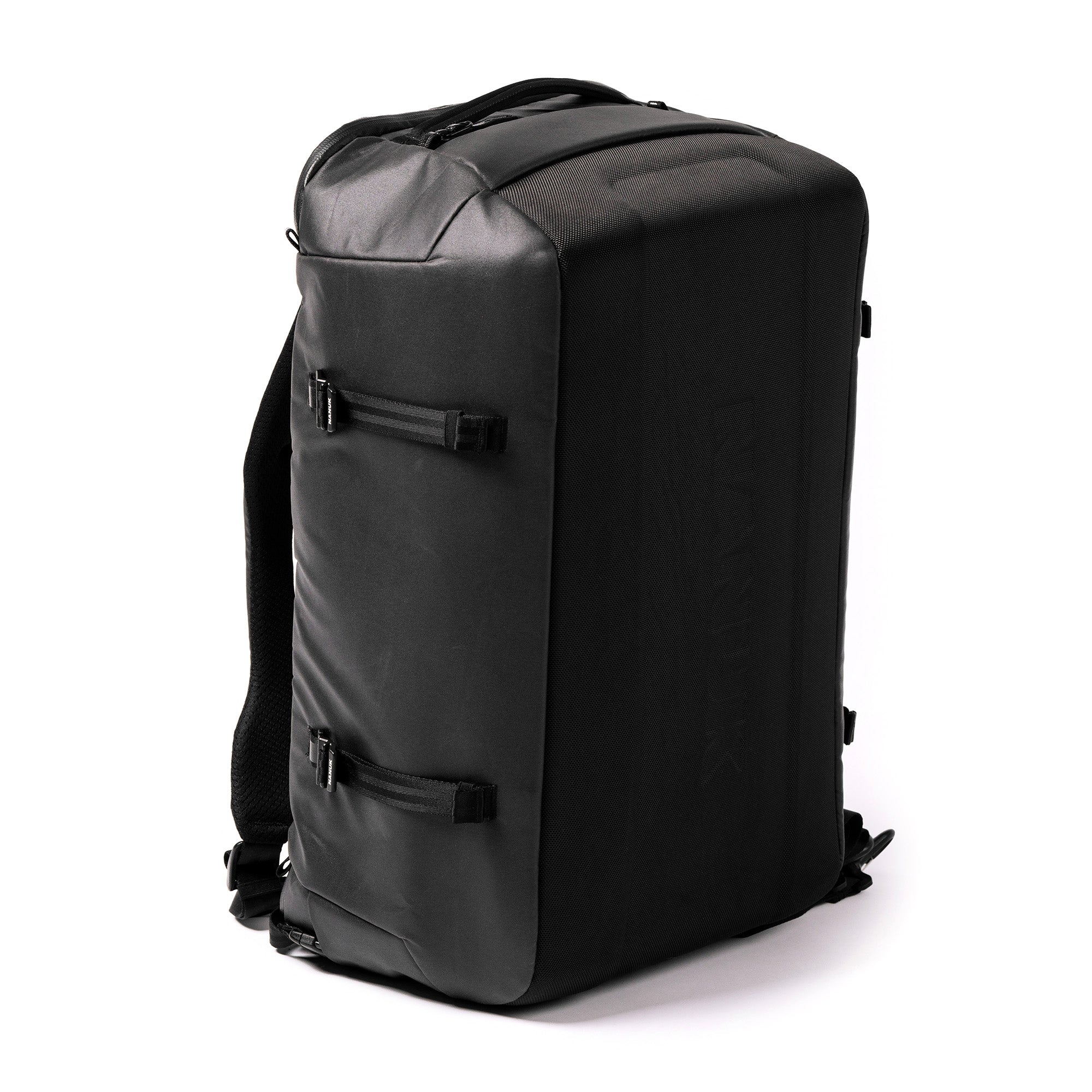 Right Angle view of a Black N-PVD 40L Duffle Bag from NANUK on a white background